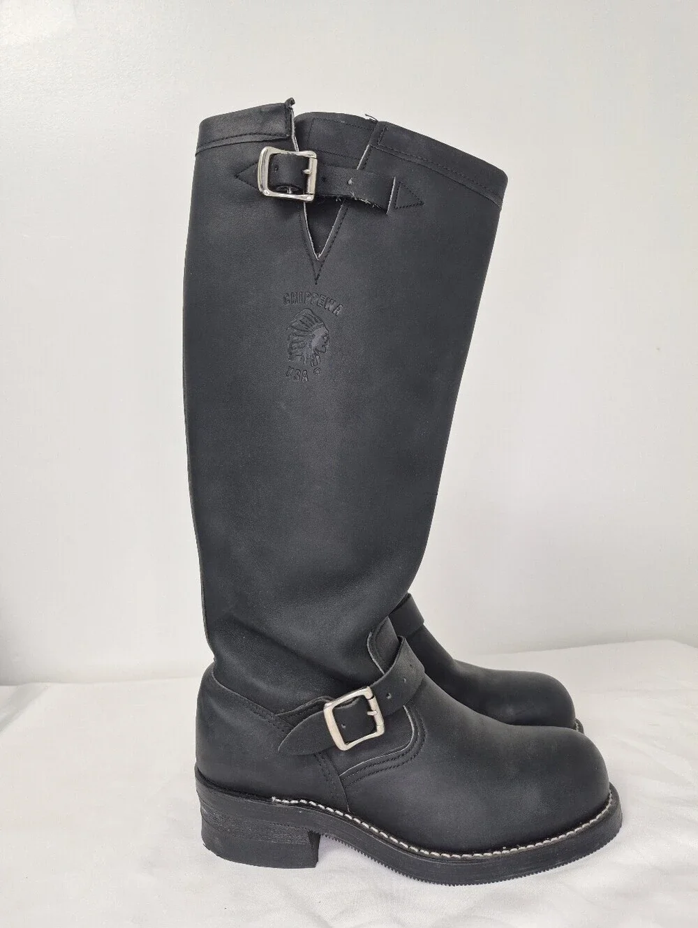 NWOT Vintage Chippewa Tall Black Leather Steel Toe Engineer Biker Boots sz 6.5D